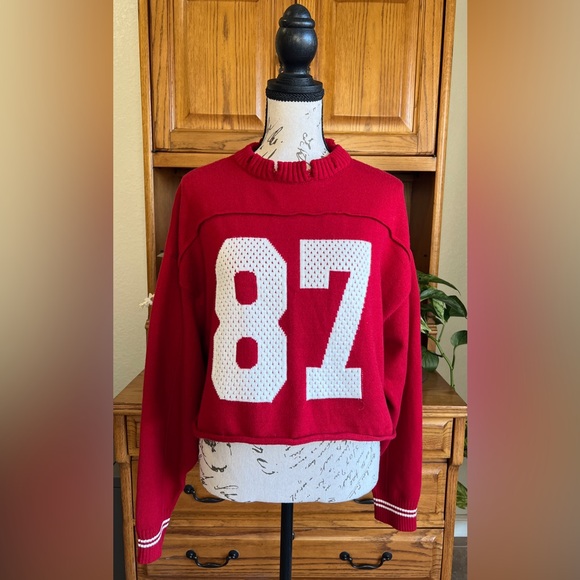 orange kiss Sweaters - Orange Kiss Red and White Varsity Distressed Number 87 Crop Sweater Large